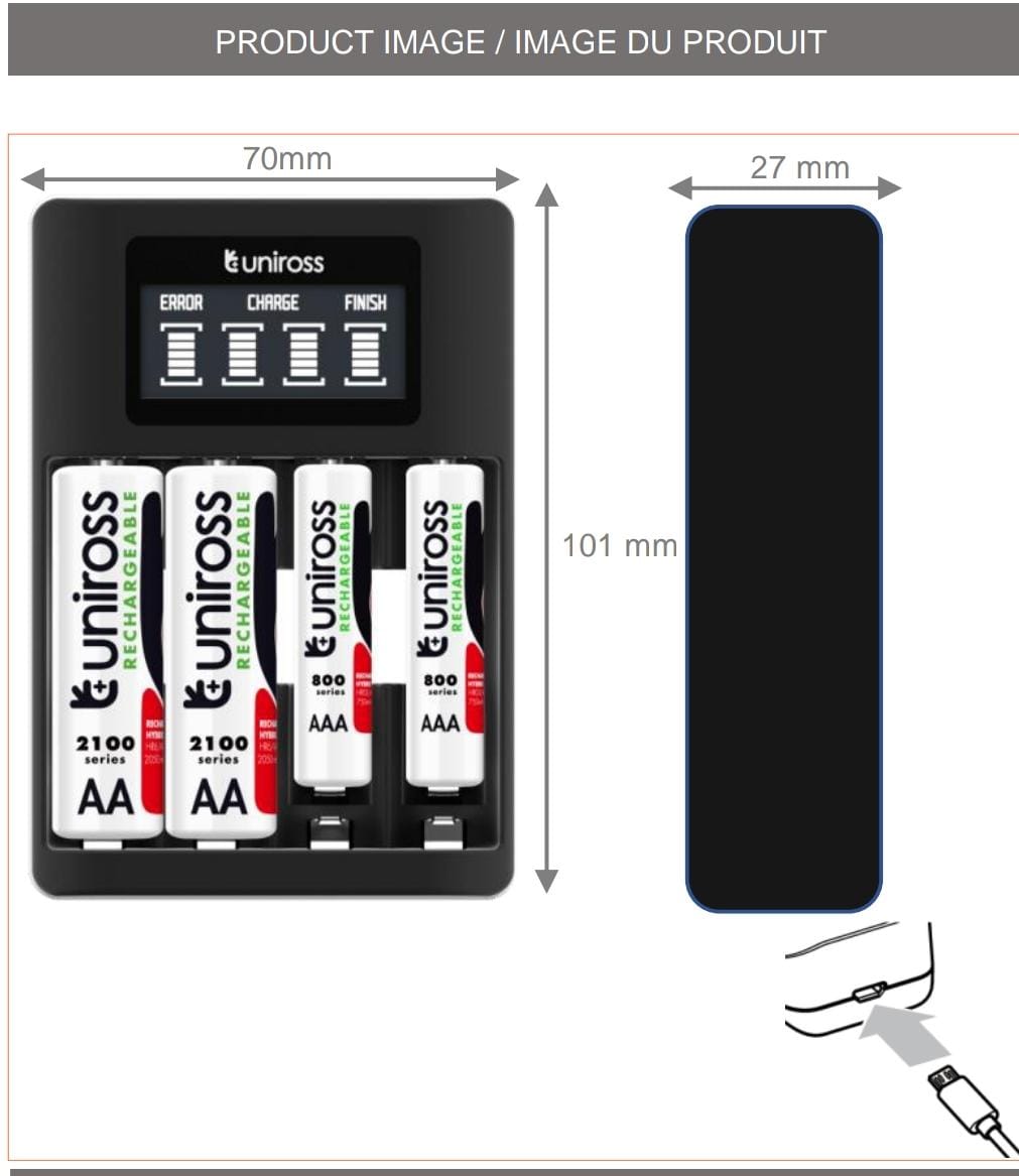 Uniross Quick LCD Charger for AA / AAA + 4 AA 2100 Series Rechargeable Cells