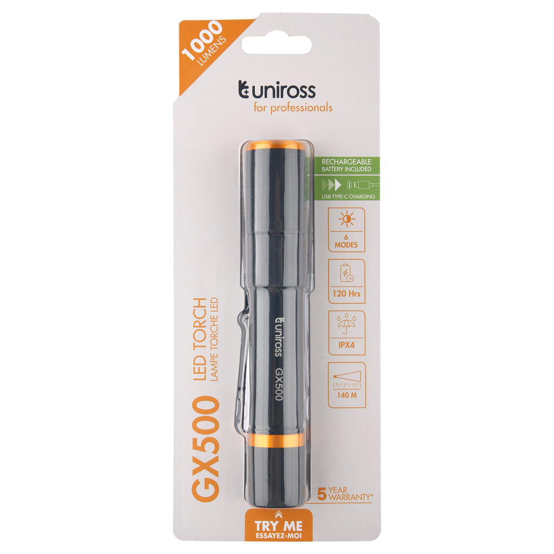 Uniross GX500 Rechargeable Torch – 1000lm