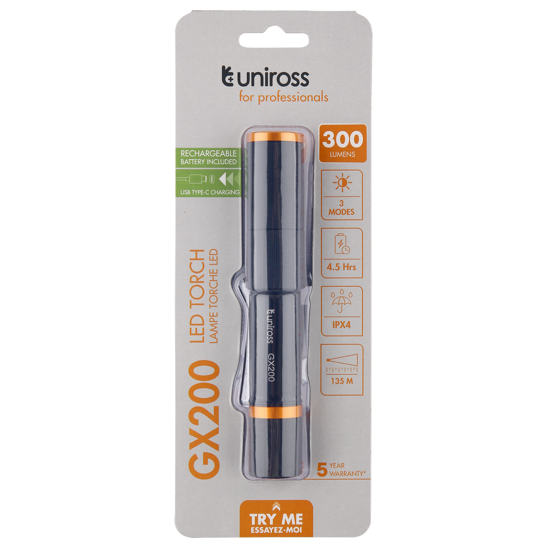 Uniross GX200 Rechargeable Torch 300lm