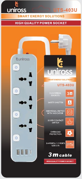 Uniross Extension Wire UTS-403U ( 3 Sockets with Individual On/Off Switch + 3 USB A PORTS + 1 TYPE C PORT ) 3.1A 3 M Cable Overload Protection