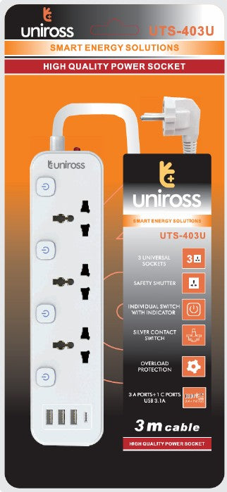 Uniross Extension Wire UTS-403U ( 3 Sockets with Individual On/Off Switch + 3 USB A PORTS + 1 TYPE C PORT ) 3.1A 3 M Cable Overload Protection