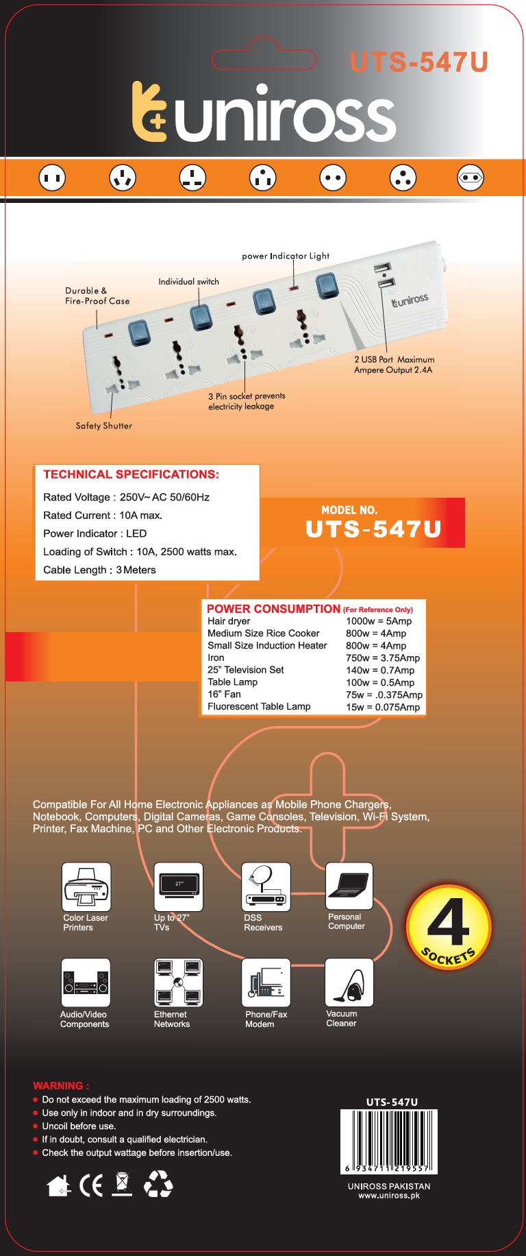 Uniross Extension Wire UTS-547U ( 4 Sockets with Individual On/Off Switch + 2 USB A PORTS ) 2.4A 3 M Cable