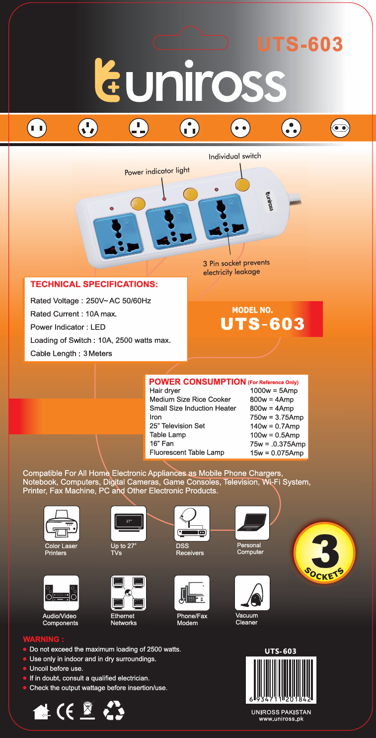 Uniross Extension Wire UTS-603 ( 3 Individual On/Off Switch ) 3 M Cable No Ratings