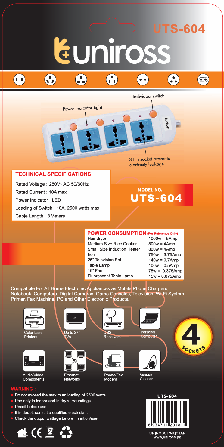 Uniross Extension Wire UTS-604 ( 4 Individual On/Off Switch ) 3 M Cable