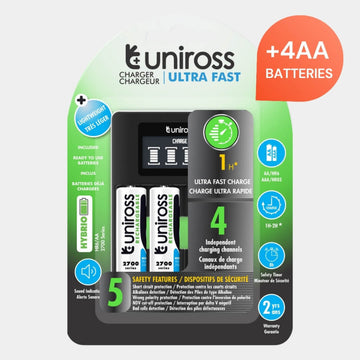 Uniross Ultra Fast Charger for AA & AAA Batteries – Includes 4 Rechargeable AA Batteries