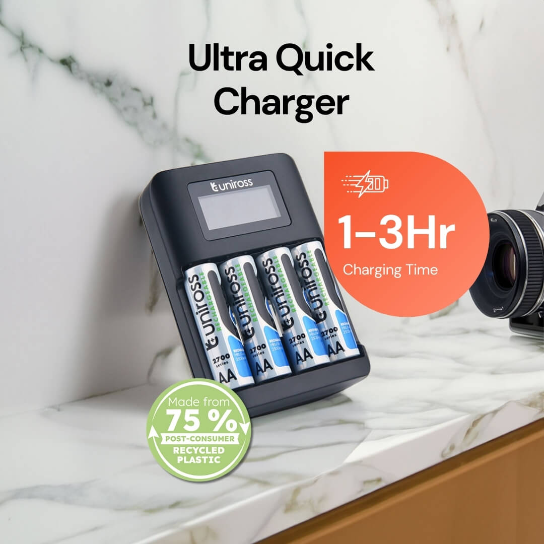Uniross Ultra Fast Charger for AA & AAA Batteries – Includes 4 Rechargeable AA Batteries
