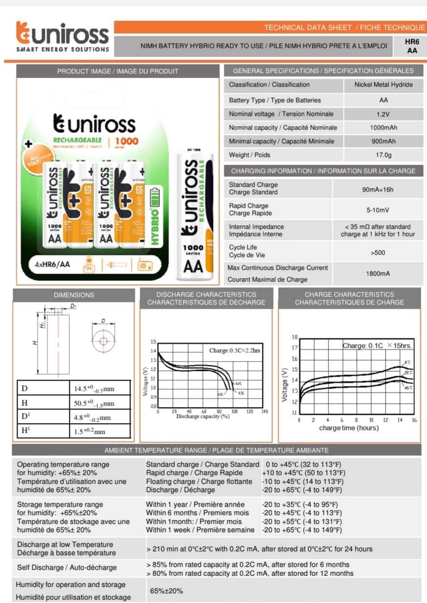 Uniross AA 1000 Series Ready to use Rechargable Battery Cell ( 2 Batteries )