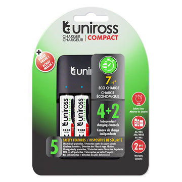 Uniross Compact Charger + 4 AA 2100 Series Rechargeable Batteries