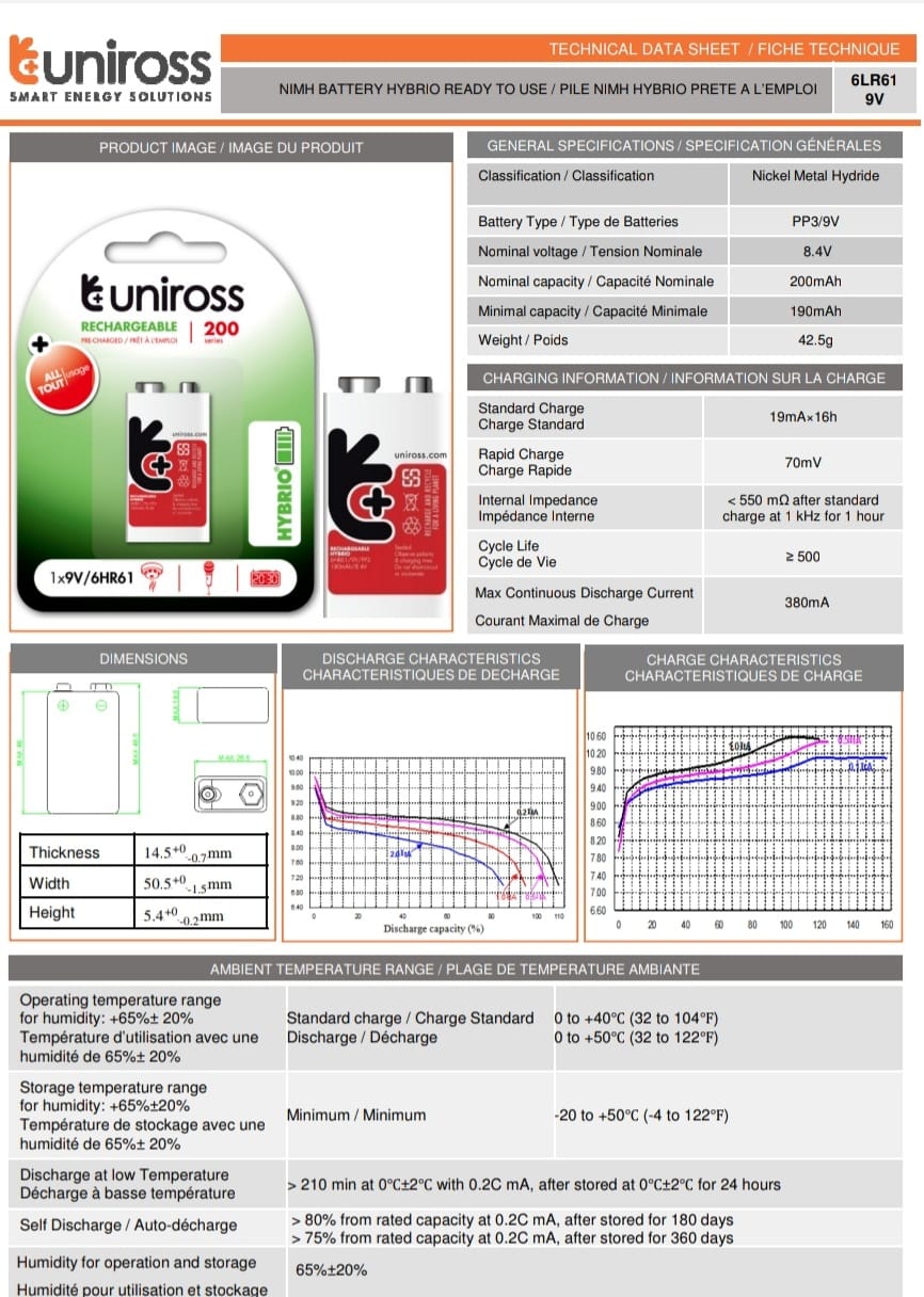 Uniross 9v Battery Ni-MH Rechargeable 200 mAh (Pack of 1)